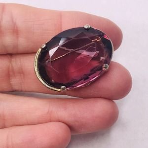 Vtg Brooch Bellini Purple Oval Glass Faceted Stone Clear Gold Tone Signed Pin